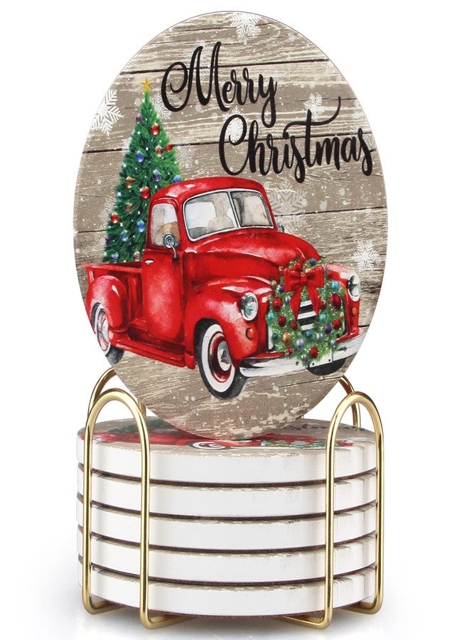 Dksyee 6 Pcs Red Truck Christmas Coasters with Holder Best Absorbent Ceramic Coaster Set Round Vintage Drink Christmas Coasters Gift Xmas Holiday Coffee Table Cup Coaster for Festival, Decor, Living Room - Image 1